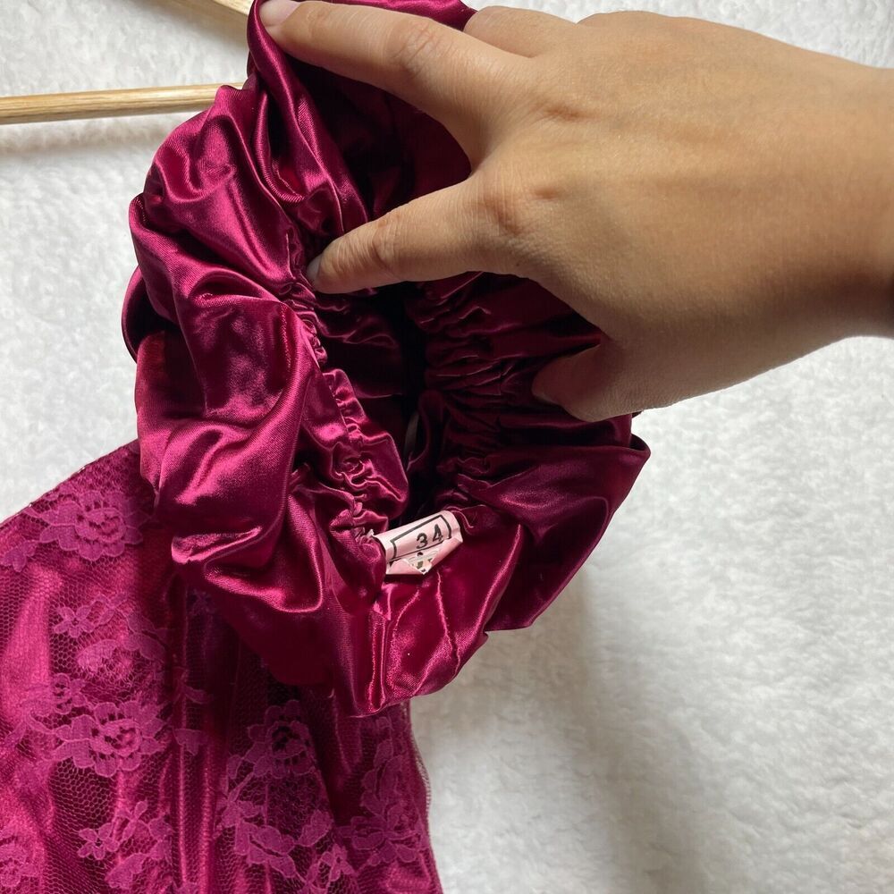 Vintage 80s Magenta Lace Satin Dress Puff Sleeve Prom Party Retro Size Small - Picture 4 of 15